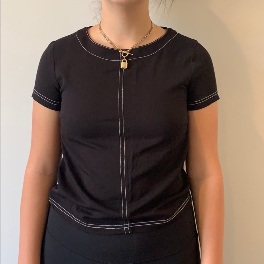 Black Cropped T-shirt with white stitching